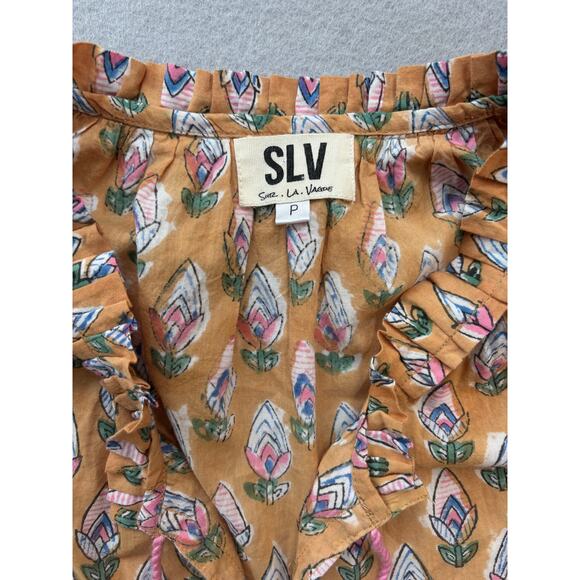 SLV Sur La Vague Cap Sleeve Mini Tulip Print Dress Pink Tassel Ruffle Neck SZ P - Picture 2 of 9